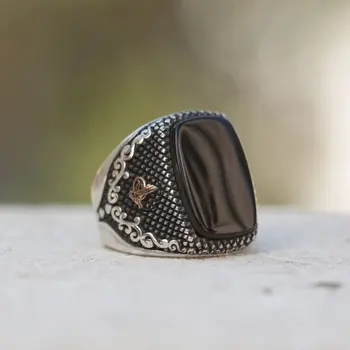 

925 Sterling Black Onyx Stone Tugra Patterned Silver Ring Fashion Turkish Premium Quality Handmade Jawelery