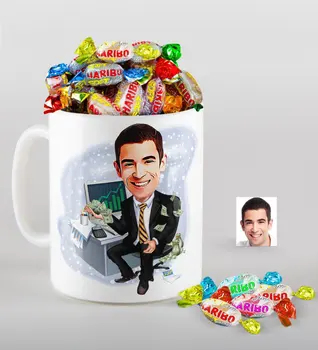 

Personalized Mr Banker Caricature Of mug And Haribo Fruitbons Candy Gift Seti-3