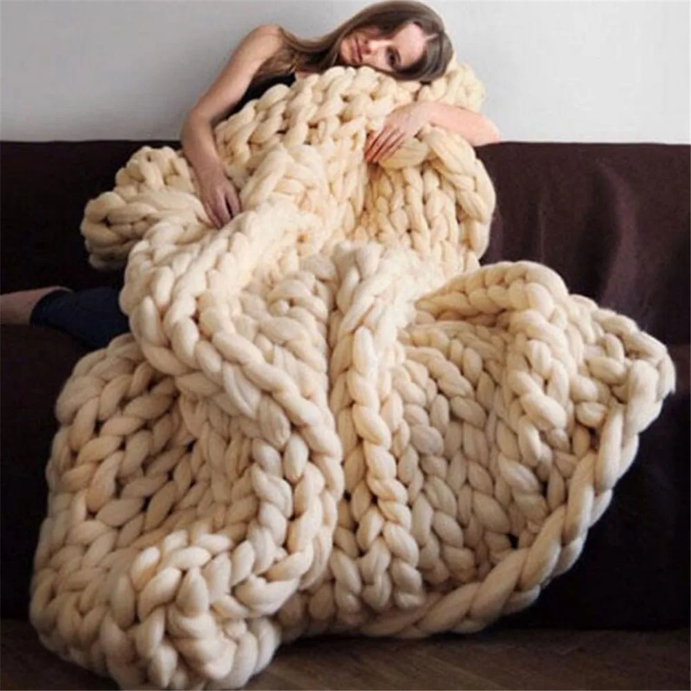 Модное одеяло крупной ручной вязки из толстой пряжи, похожее на шерсть, полиэстер, объемное вязаное одеяло s, зимнее мягкое теплое одеяло, Прямая поставка - Цвет: Milkwhite