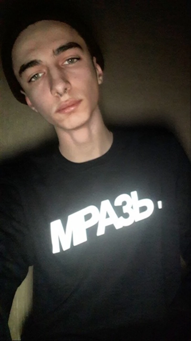 

Men's Reflective T Shirts With Russian Inscriptions O-neck Black Cotton Tee