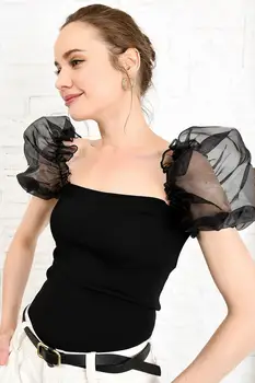 

Trend Alacati Style Women Black Organza Sleeve Knitwear Bluz ALC-X3894