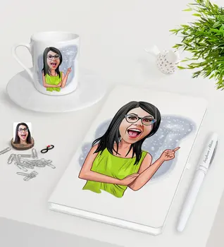 

Personalized Women 'S Caricature Of White Notebook Pen Turkish Coffee Cup Seti-19