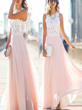 

2020 Latest Blush Pink Lace Top Bridesmaid Gowns Long Chiffon O Neck Beach Maid Of Honor Dresses Sleeveless