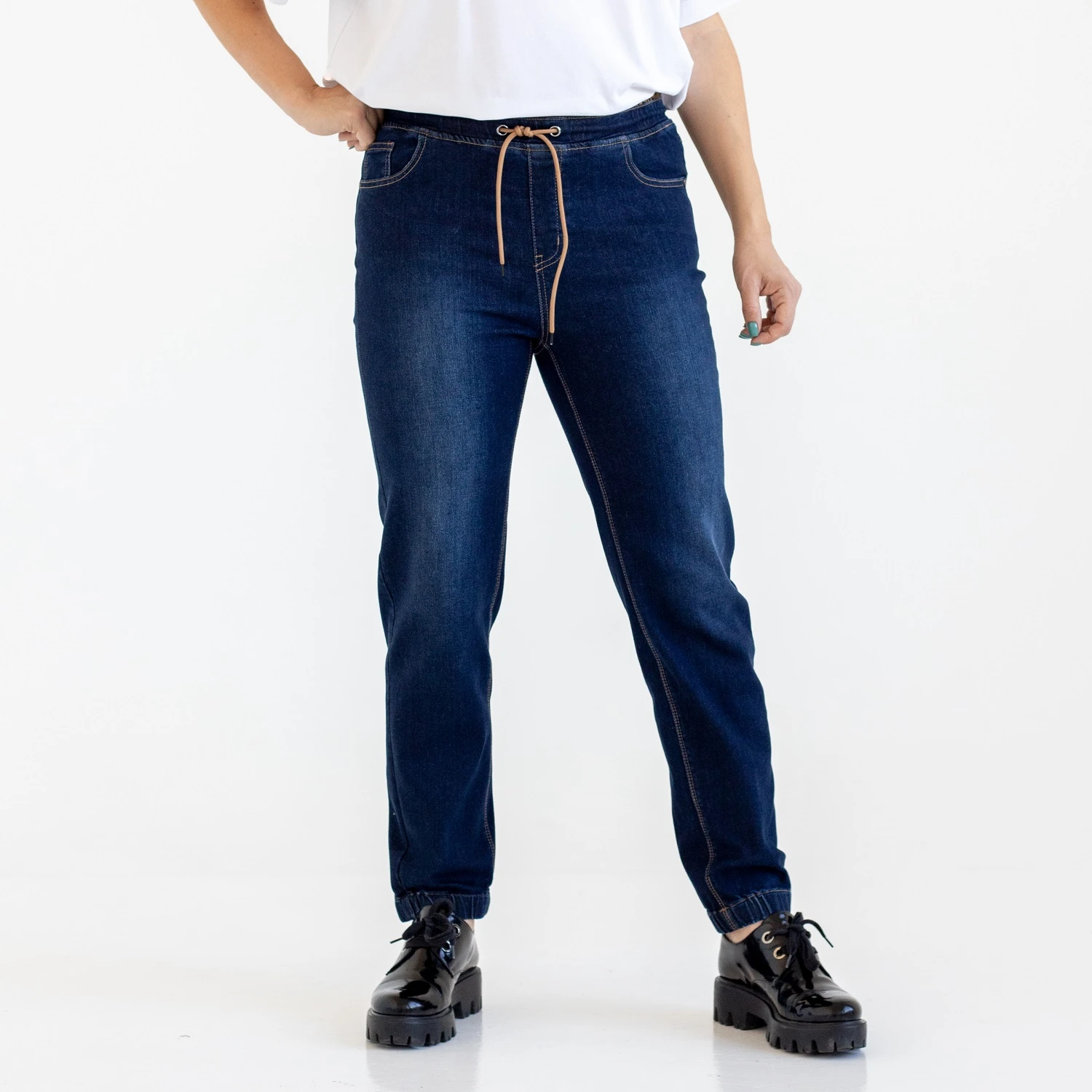 Pantalones para mujer, de corte alto, cinturón y puños de goma, tallas grandes, de algodón azul|Pantalones vaqueros| -
