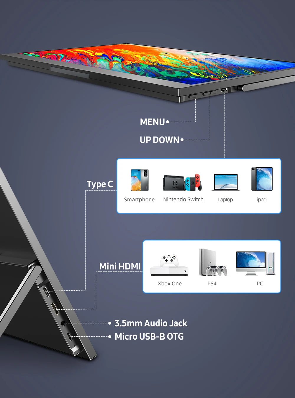 UPERFECT 15.6 ġ 1080P FHD USB-C Ʈ  HDMI ǻ ÷ HDR IPS  ȭ w/̾ Ʈ ĵ  Ŀ