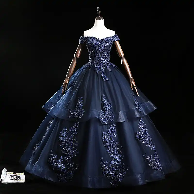 navy blue and gold ball gown