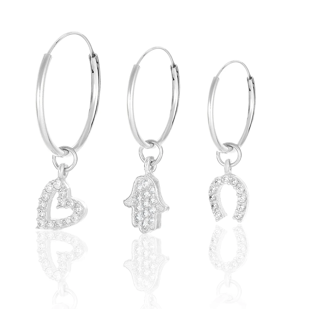 

Elegant 925 Sterling Silver Heart Zircon with Horseshoe Hamsa Hand Triple Set Jewelry Earrings 925