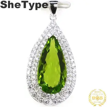 

36x17mm SheType Elegant 4.5g Created Green Peridot Drop Shape Natural CZ 925 Solid Sterling Silver Pendant