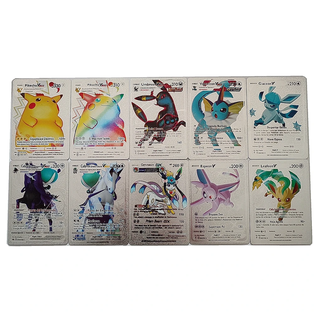 Espanhol pokemon cartões de coleção, qualidade papel de ouro preto,  plástico plastificado, brilhante e resistente, vmax tipos, v, gx, basico