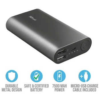 

External Battery trust urban luco metal powerbank 75000 - usb 5w/1a + usb 10w/2.1a-microusb cord incl-supports Quick Charge