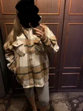 Woolen Coat Shirt Jacket Windbreaker Oversize Plaid Vintage Women Loose Button Winter