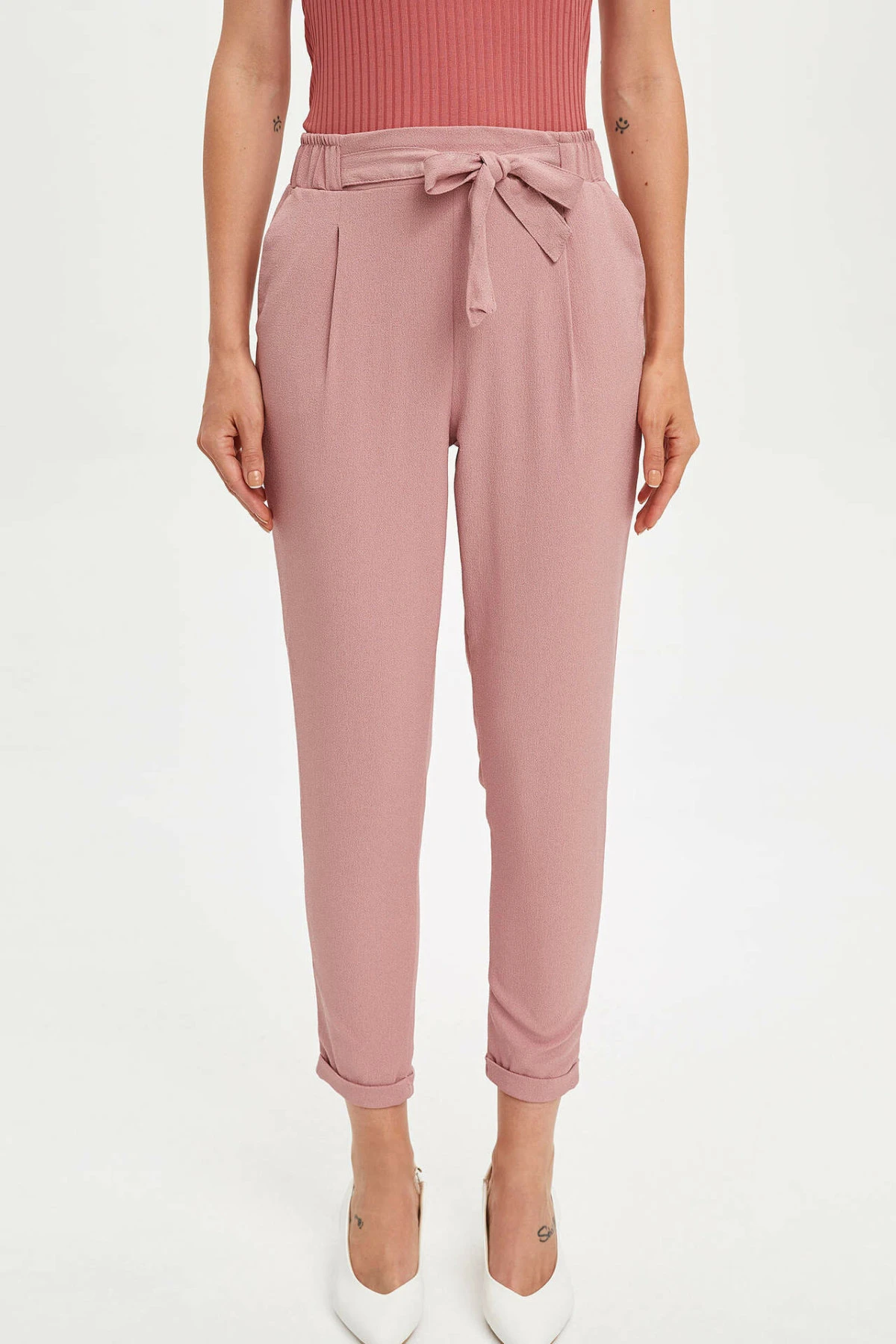 Defact mujer verano Rosa gasa pantalones mujeres con cordones cinturón Bottoms mujeres Cargo señora Trousers K9477AZ19SM| Pantalones y pantalones capri| - AliExpress