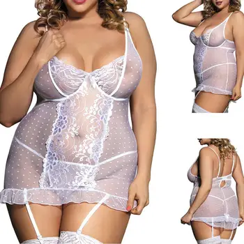 

Sexy Polka Dot Lace Lingerie Plus Size Women Nightgown Exotic Costumes Sexy Porno Babydoll Sleepwear White Transparent Underwear