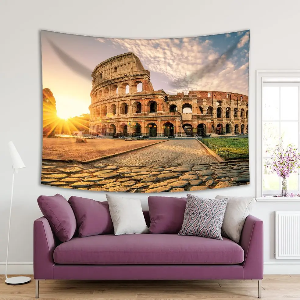 

Tapestry Colosseum in Rome at Sunrise Italy Flavian Amphitheatre Europe Ancient Architacture Yellow Green Blue