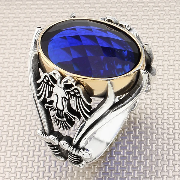 

Double Headed Eagle With Sword Pattern Blue Zircon Gemstone Men 925 Sterling Silver Ring Jewellery Handmade Gemstone Men Ring