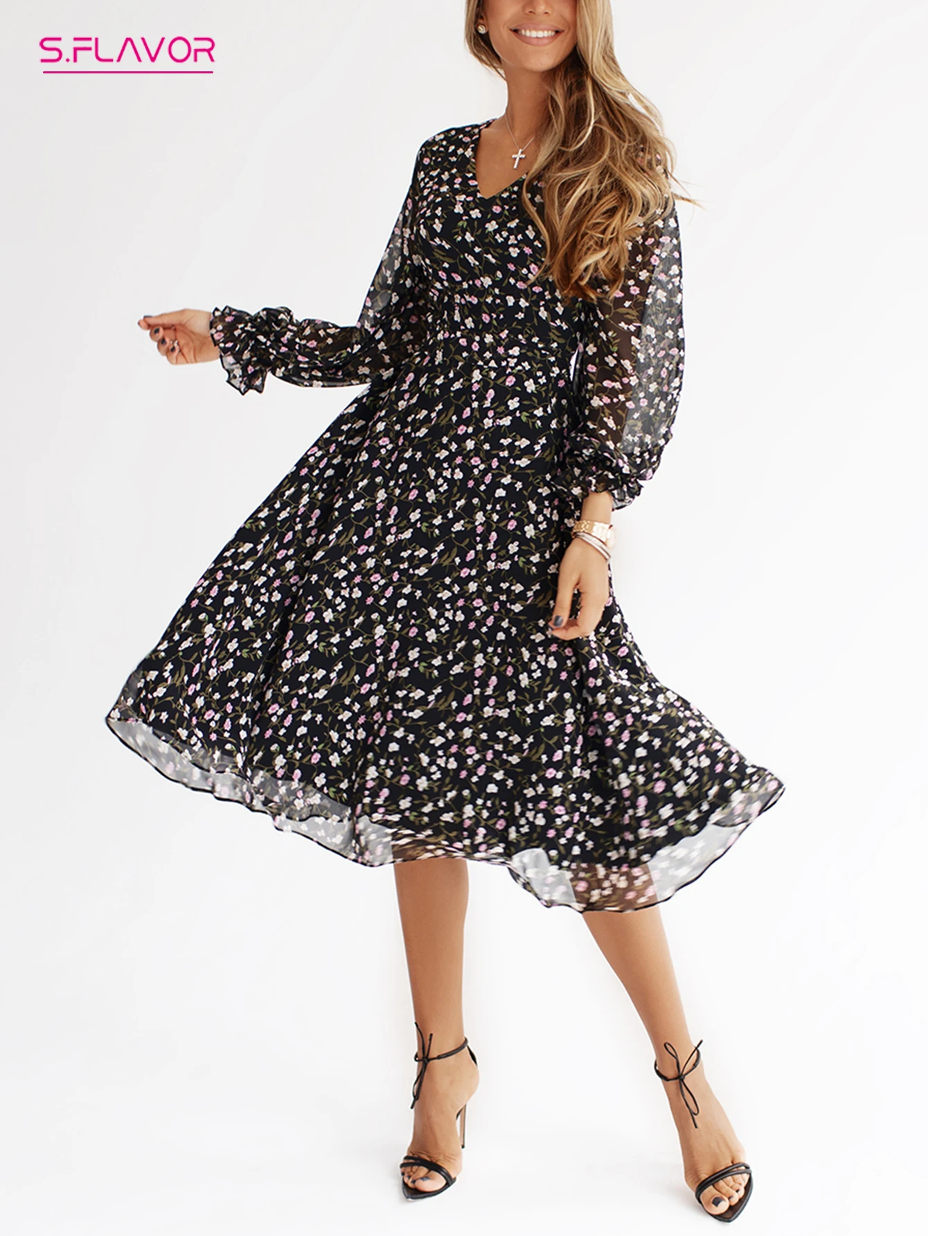 SFLAVORElegantFloralPrintWomensSundressCasualLongSleeveV