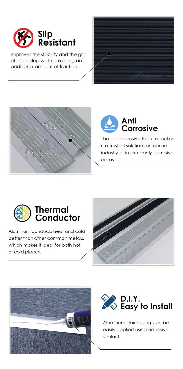 Arrowzoom противоскользящие полосы анодированный алюминиевый лестничный нозинг резиновый нос лестничные ступени KK1180