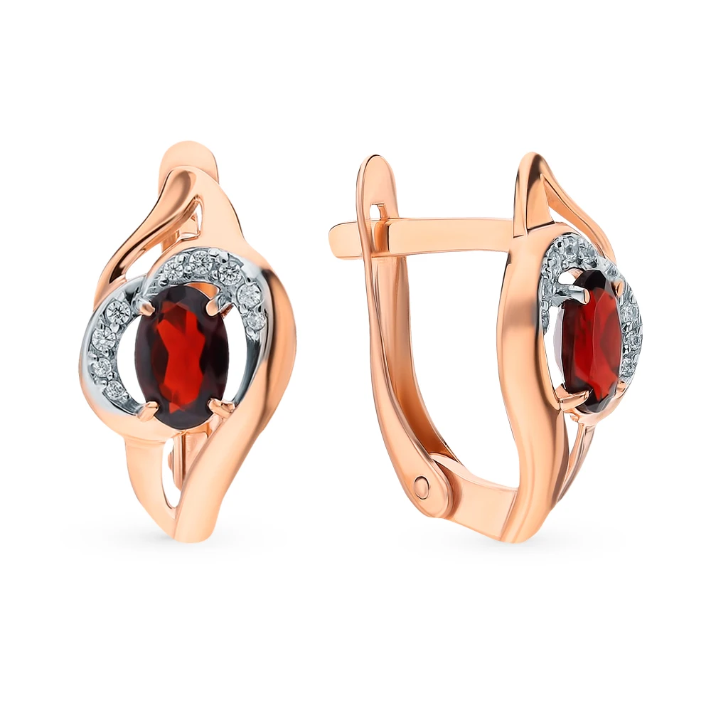 Gold earrings with cubic zirconia and Garnet SUNLIGHT test 585
