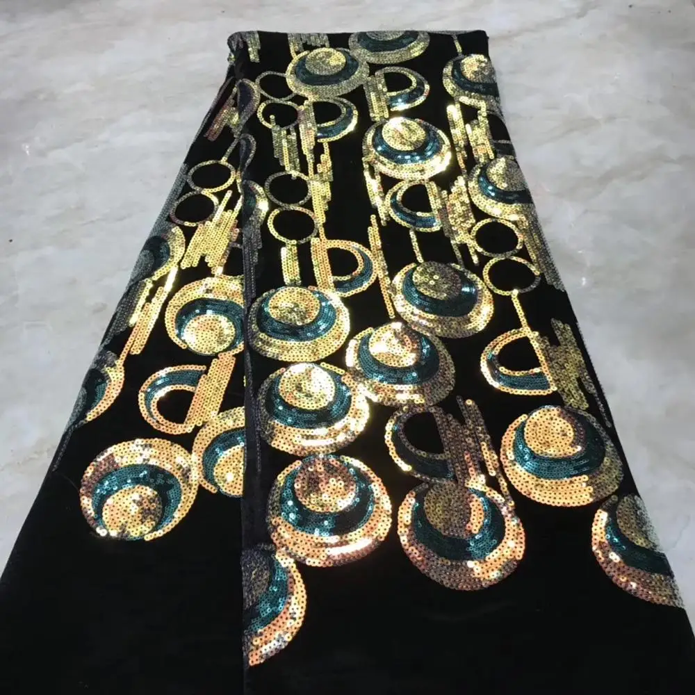 African Gold Sequinse Black Velvet Sequinse French Tulle Lace Fabrics Embroidery Materials 5 yards For Party Wedding Lady Dress