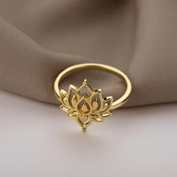 Stainless Steel Rings For Women Vintage Gold Lotus Flower Ring Men Moon Sun Opal Stone Ring Wedding Couple Rings Femme Jewelry
