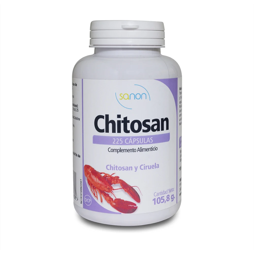 SANON Chitosán 225 cápsulas de 470 mg. Control de peso. Control de peso. Reducir el nivel de colesterol. Eliminación de grasas.
