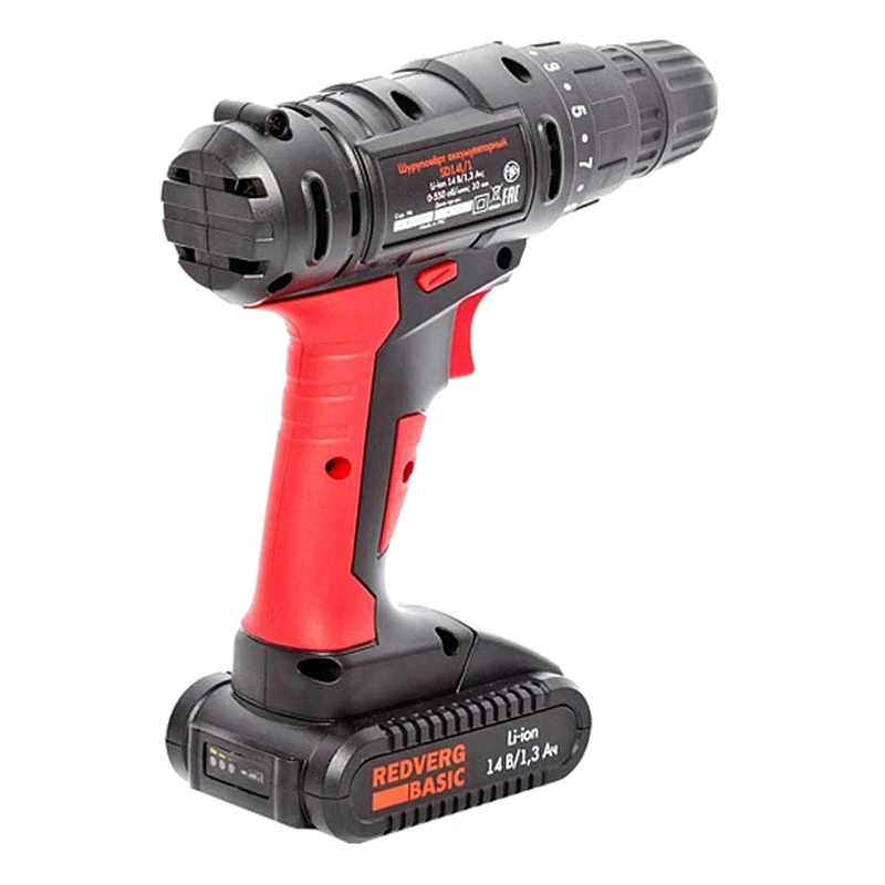 Шуруповерт аккумуляторный RedVerg Basic SD14L/1 (1350 об/мин, 2 скорости, 20 Нм, Li-Ion 14,4 В, 1300 мАч, подсветка)