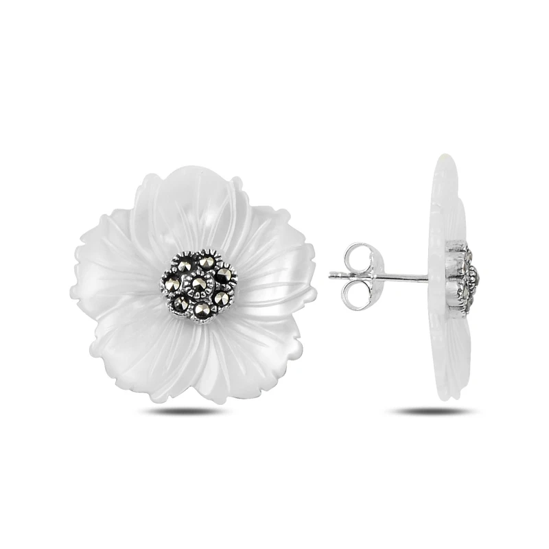 

Silver 925 Sterling Pearl & Marcasite Cubic Zirconia Flower Earrings