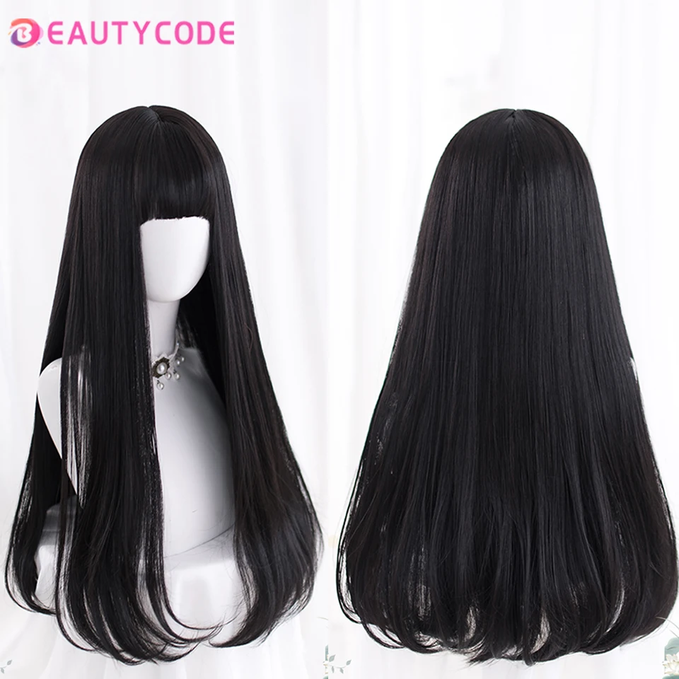 Long Straight Black Synthetic Wig With Bangs