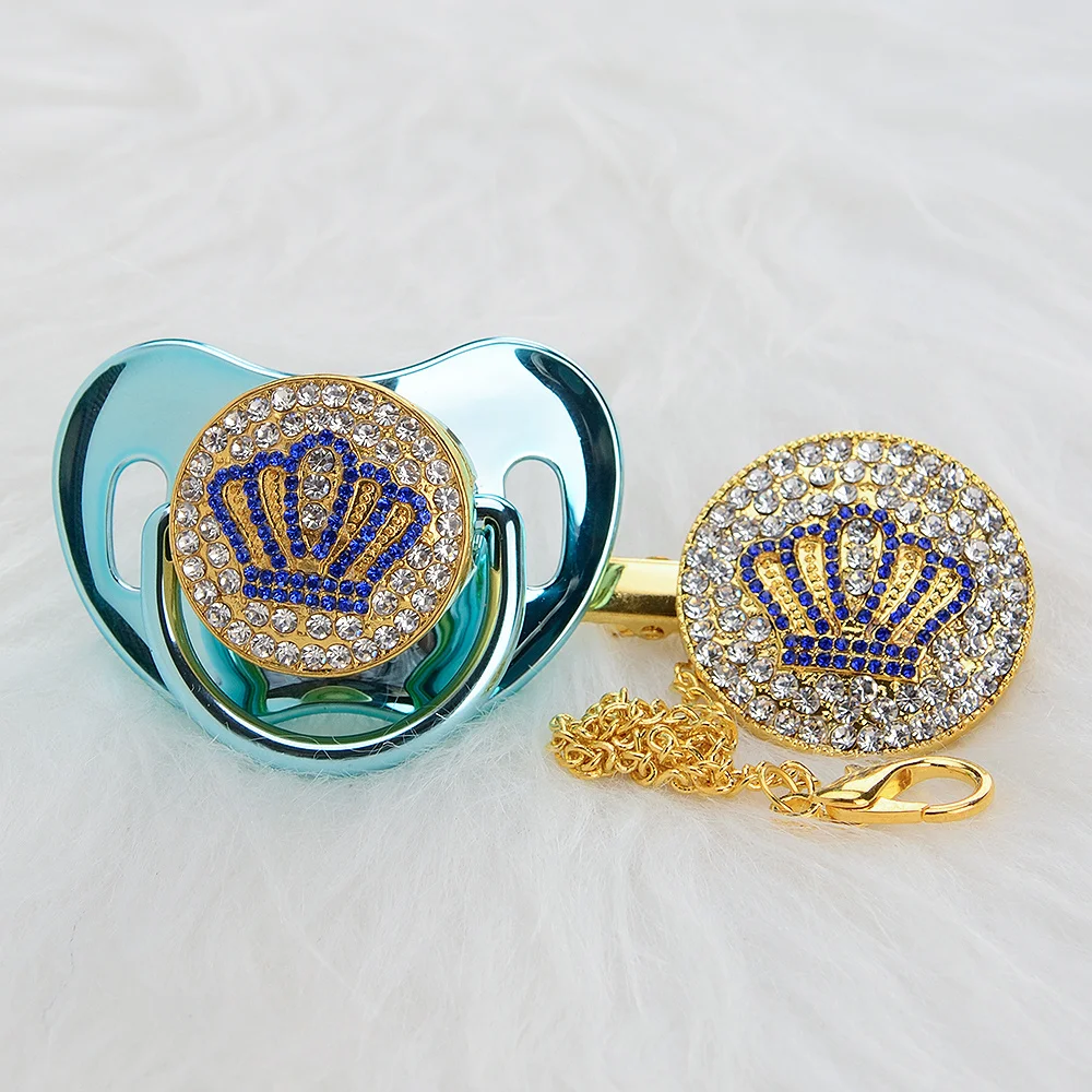 Chupeta e Clipe de Chupeta Miyocar Ouro Bonito Azul Bling Coroa Conjunto Bpa Livre Manequim Clipe Único Abcb-8 6 e clipe de chupeta conjunto bpa livre