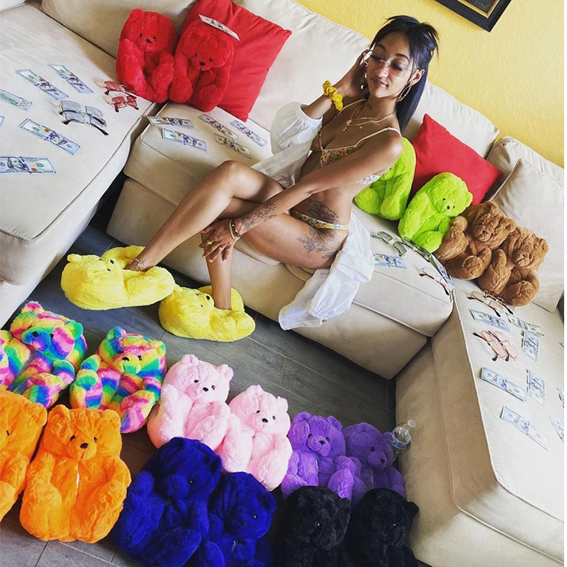 

Зимние плюшевые женские тапочки с медведем, разноцветные домашние плюшевые тапочки, Толстая теплая хлопковая обувь на плоской подошве, Нескользящие тапочки