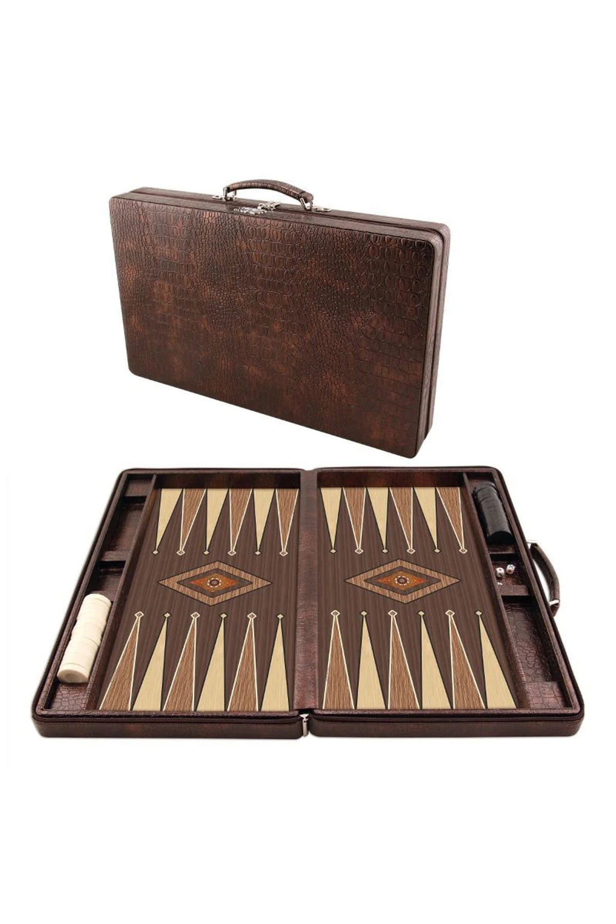 Diseño Premium Cuero Backgammon Set Bolso COCODRILO NOGAL HECHA A MANO en Turquía
