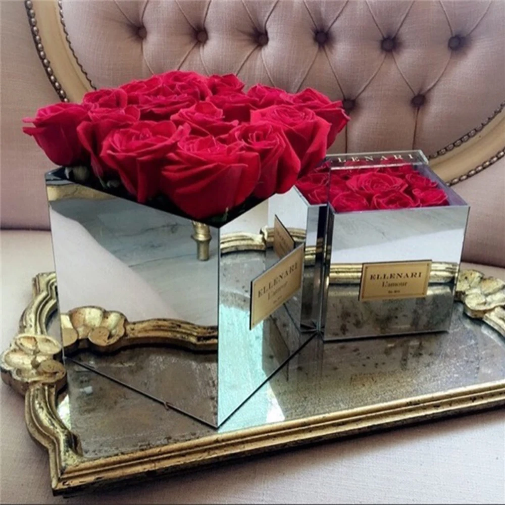 

Acrylic Rose Mirror Box Rose Storage Case 9Holes Holy Gift Valentine's Day For Girlfriend Reflective Box Vase Without Flowers