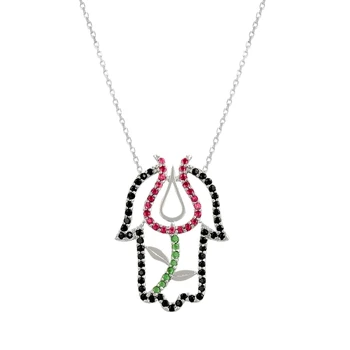 

Silver 925 Sterling Zircon Cubic Zirconia Fatma Master Hand & Tulip Necklace