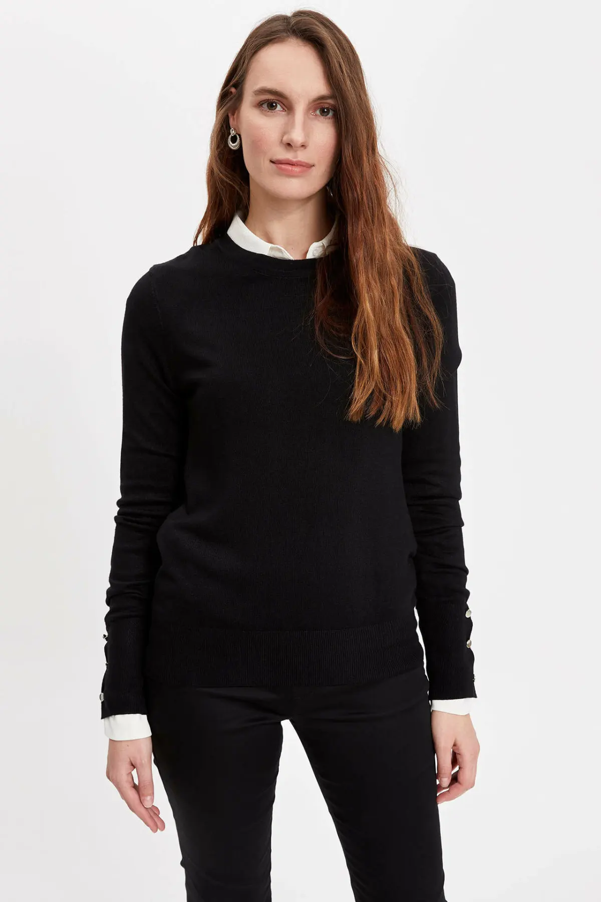 

DeFacto New Women Black Fashion O-neck knitted Sweatshirt Solid Sweatshirts Casual Pullover Female Autumn - K8570AZ18WN