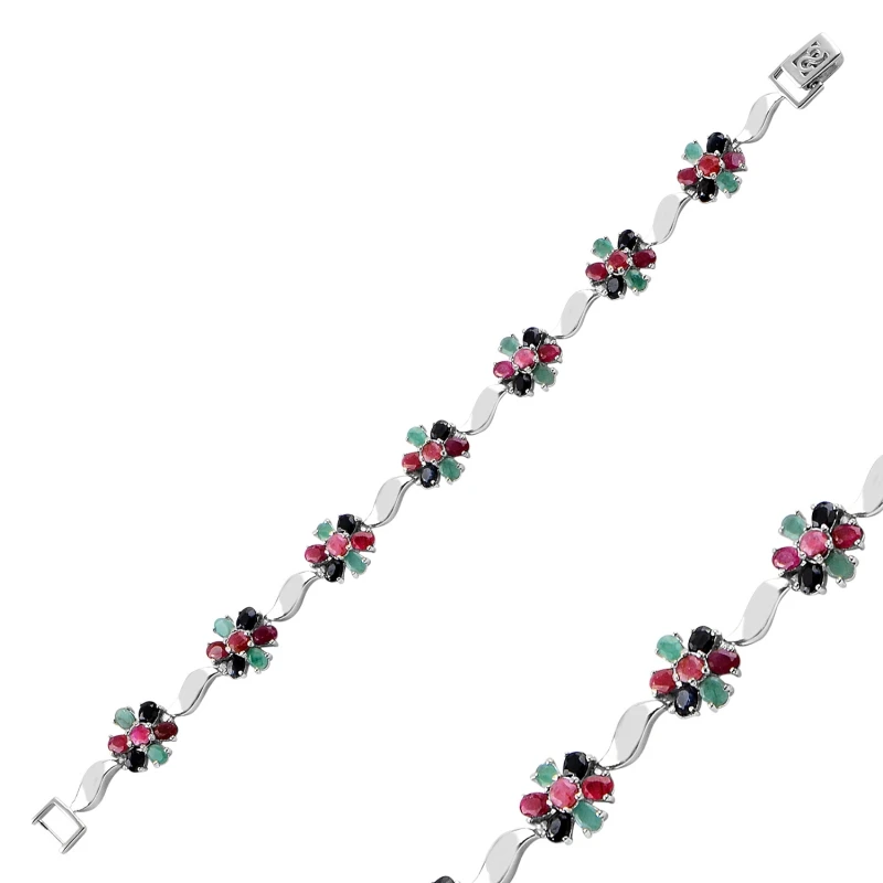 

Silver 925 Sterling Ruby, Emerald & Cubic Zirconia Sapphire Flower Pattern Bangle