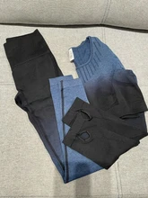 Conjunto de Yoga ombré para mujer, Top corto de manga larga, Sujetador deportivo, mallas sin costuras, ropa de gimnasio, trajes deportivos para Fitness