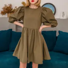 Mini Dress Lantern Short-Sleeve OOTN A-Line Pink Elegant Green Cotton Casual Women Ladies