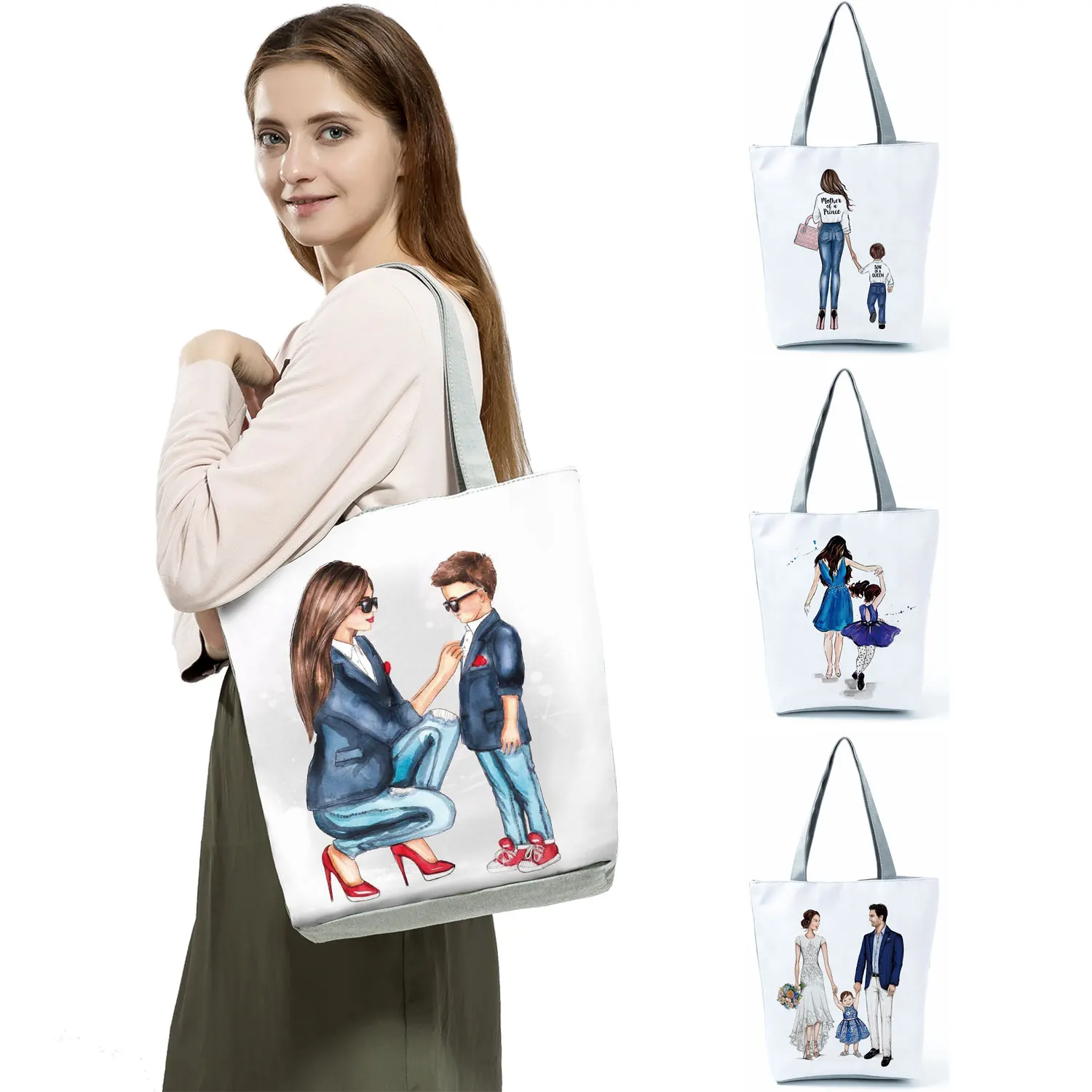 Cute Cartoon Super Mama Print Linen Tote Bags Reusable Shoulder Bag Mom and Baby Folding Women Casual Handbags Lady Fabric Totes | Багаж и