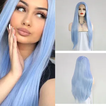

QUINLUX WIGS Blue Long Silky Straight Wigs Synthetic Lace Front Wig For Black Women Heat Resistant Fiber Cosplay Or Daily Use