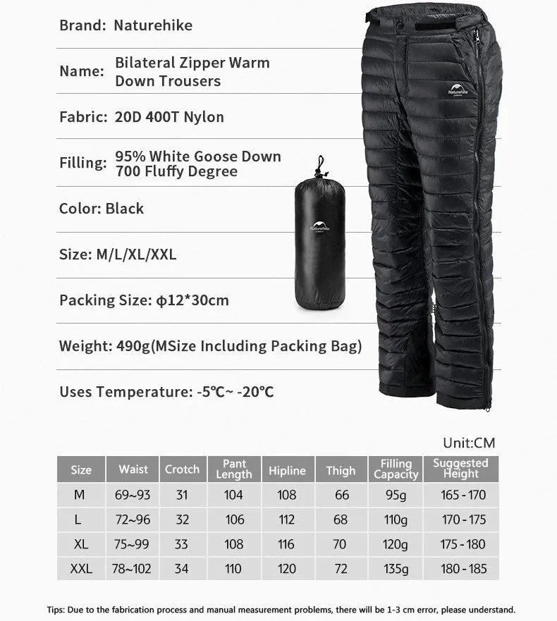 Naturehike Outdoor Thermal Goose Down Pants Both Side Open Zipper Windproof Waterproof Camping Hiking Men Women Winter