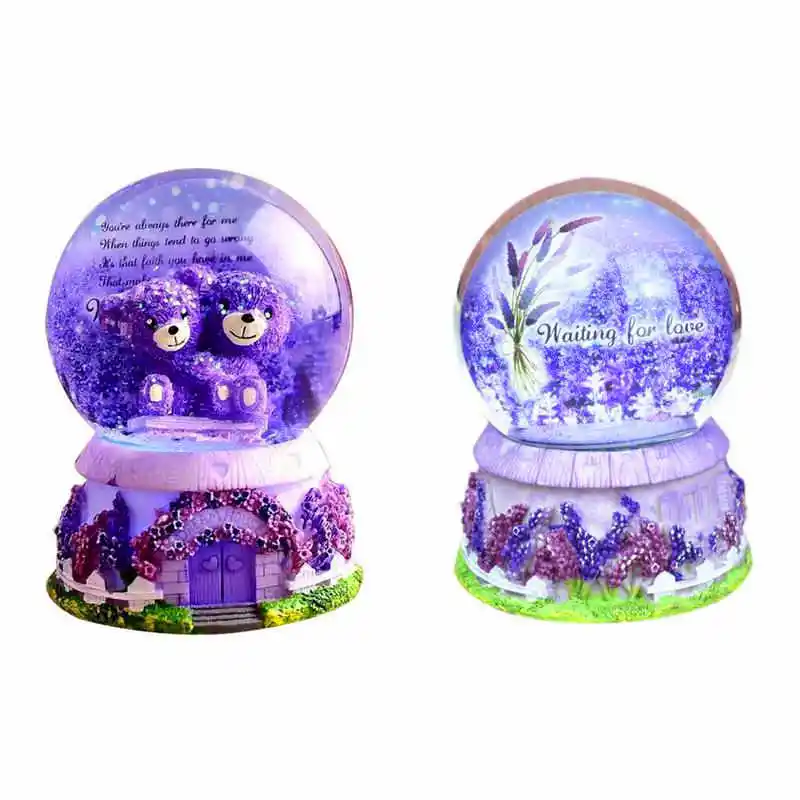 LORONZ Lavender Purple Bear Lover Music Boxes Crystal Snow Globe Music Box With Light Christmas Valentine's Day Girlfriend Gifts