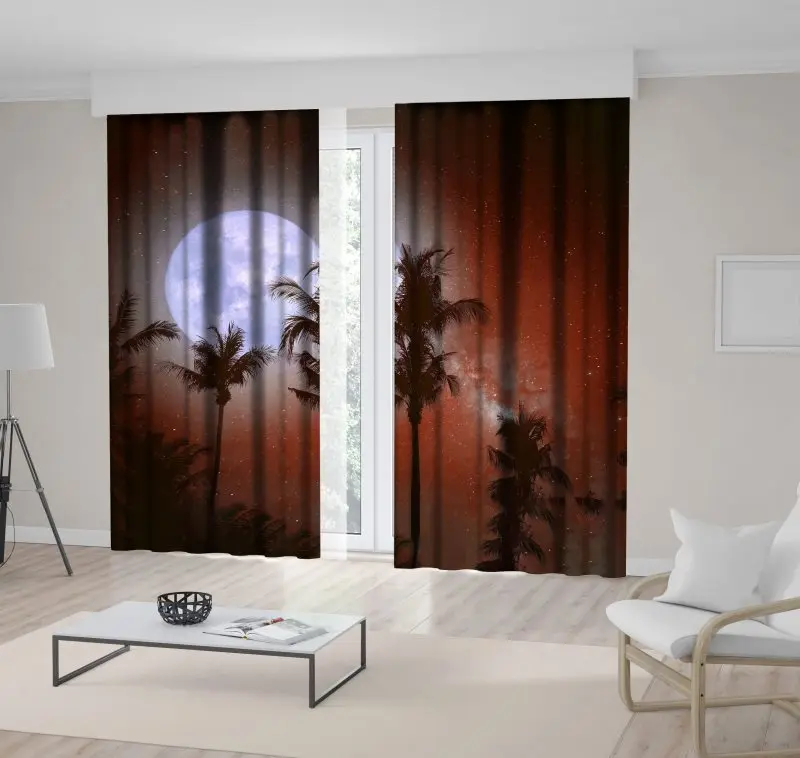 Palm Tree Tropical Beach Night with Milky Way Stars Full Moon in Vintage Colors Retro Style Artwork Brown Blue Curtain