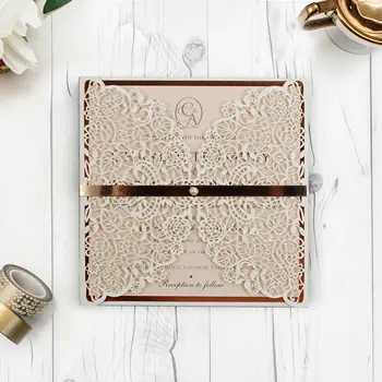 

DIY Kit Pack of Wedding Invitation Laser Cut Gatefold Rose Gold Foil Band Belly Band Envelope Square White Elegant Modern Invite