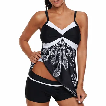 

Jamais Vu Women Elegant Tankini Swimwear Vintage Sequined Floral Skirt Multiple Colors Bow Tie Boy Short Bathing Suit