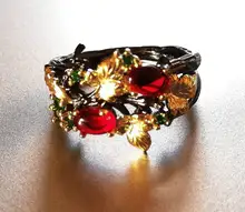 Anillo de Plata de Ley 925 con forma de flor y hoja para mujer, sortija, zirconia, circonita, Color negro, dorado, rojo, dos colores