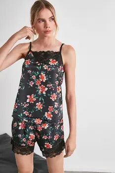 

Trendy Women's Pajamas Set Lacy Silk Satin Short Sleeve Sleepwear Button-Down Nightwear Soft Pj Lounge Sets Pajamas for Women