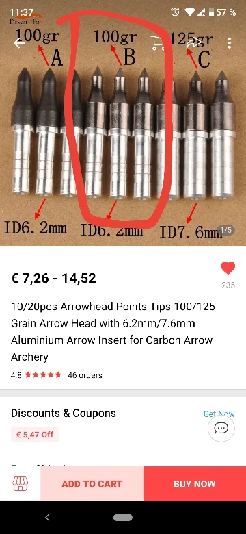 Arrowhead Points 100/125 Grain Arrow Tip ID 6.2mm/7.6mm Aluminium Insert Archery 