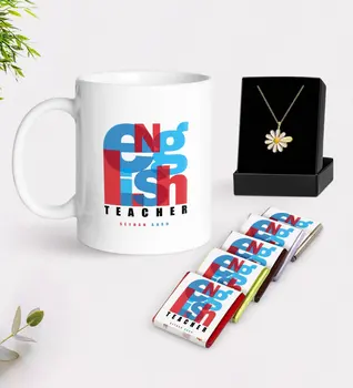 

Personalized English Teacher White Mug Chocolate and Is Daisy Necklace Gift Seti-10