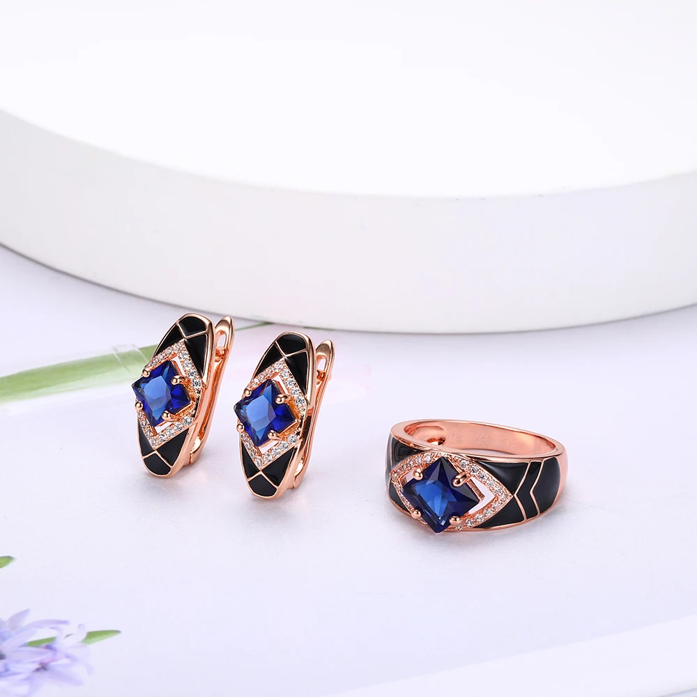 Huadie women's fashionable set of enamel decoration with zircons. Earrings and ring with a large zircon. Black enamel. new. 2022 trend