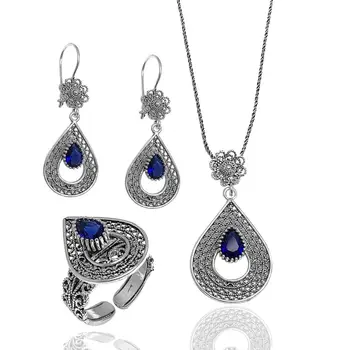 

Sapphire Cubic Zirconia Drop Design Filigree Lady Silver Triple Set